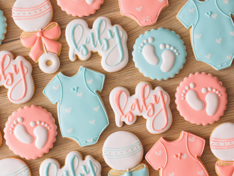 Gender Reveal Cookies with Baby Footprint & Cute Onesie